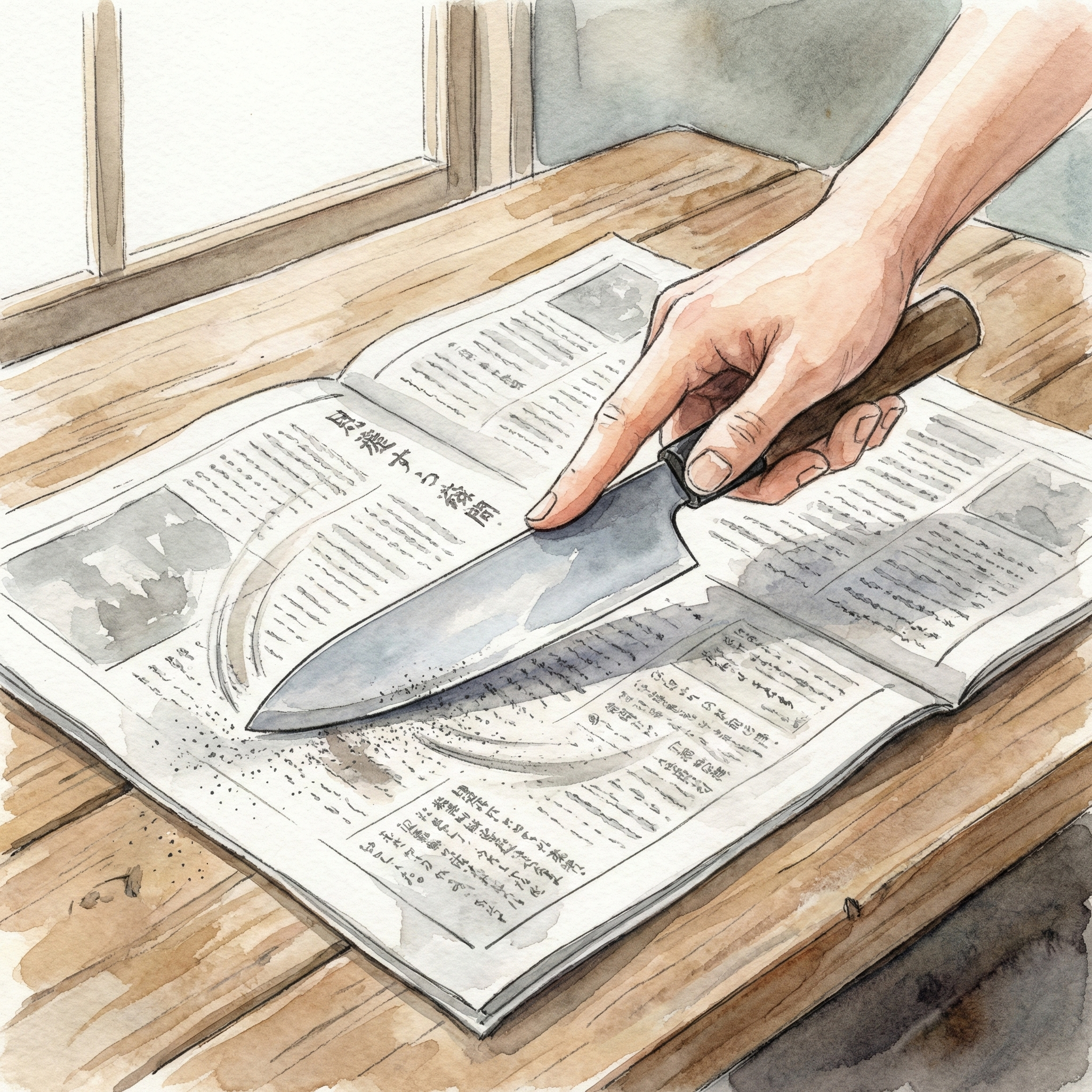 Illustration of the lighter back-face pass on a whetstone to remove the burr from a Japanese kitchen knife