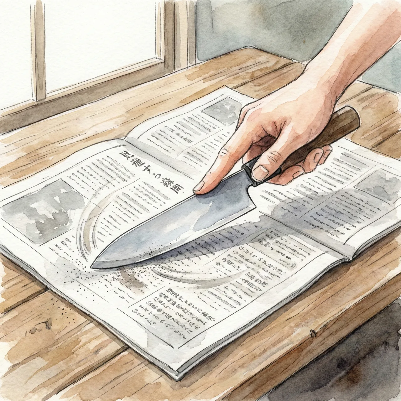 Illustration of the lighter back-face pass on a whetstone to remove the burr from a Japanese kitchen knife