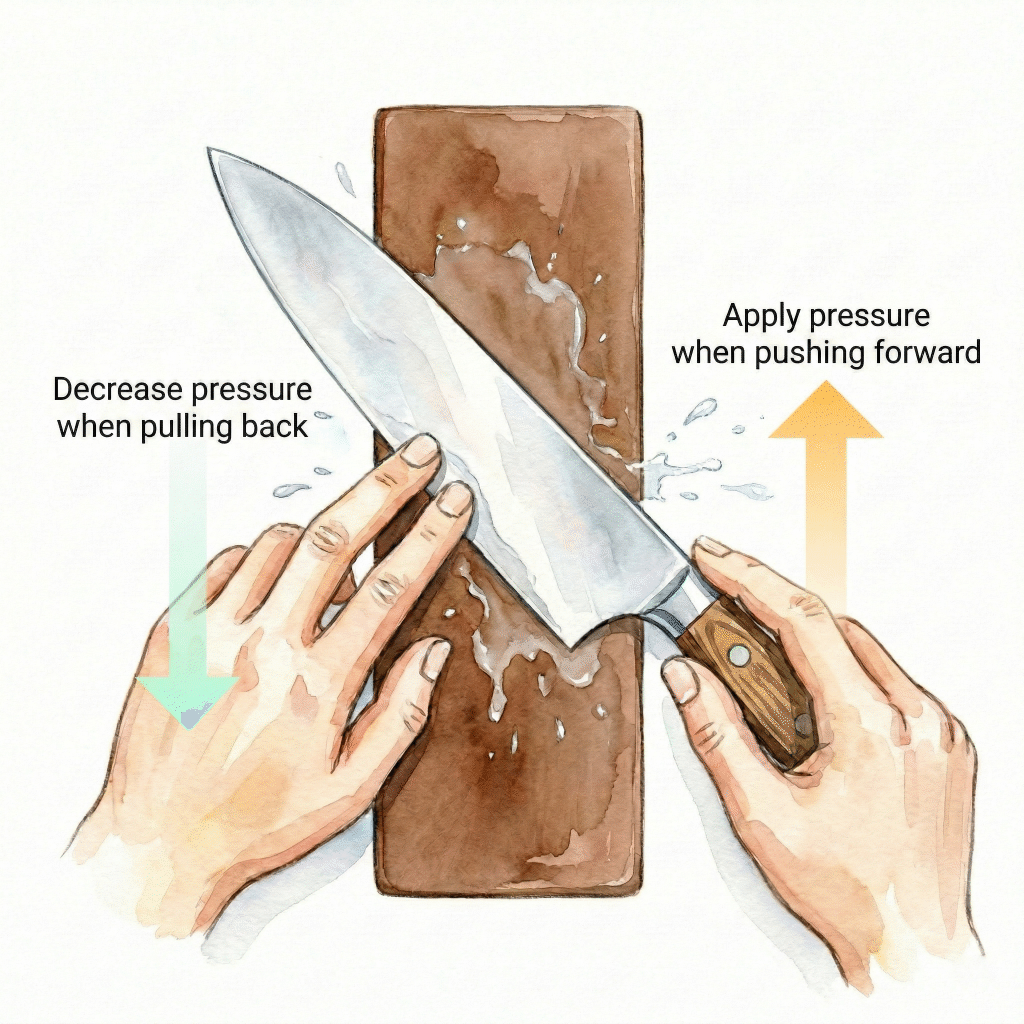 Illustration of the correct forward stroke motion on a whetstone to sharpen the front face of a Japanese kitchen knife