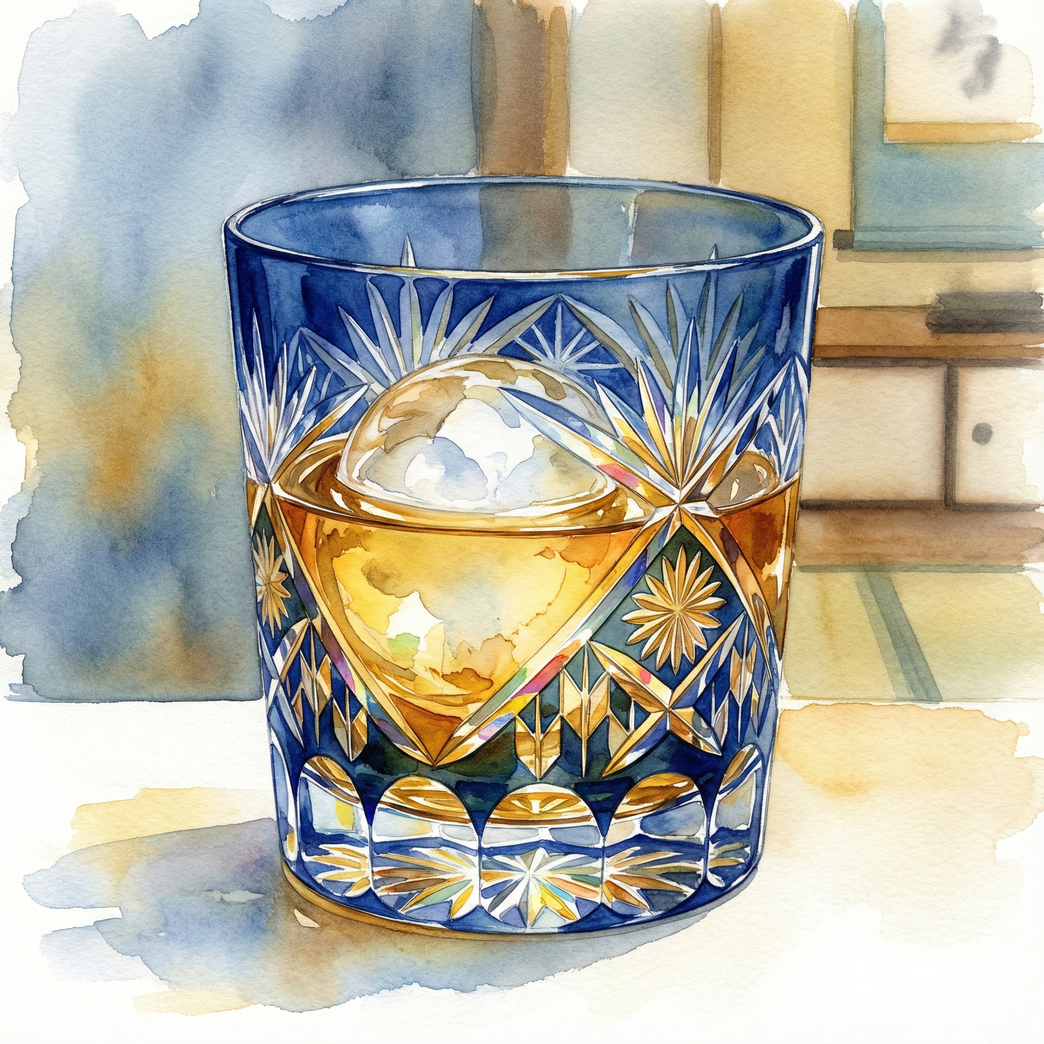 Illustration of amber whisky in an Edo kiriko cut-glass tumbler, facets catching the light