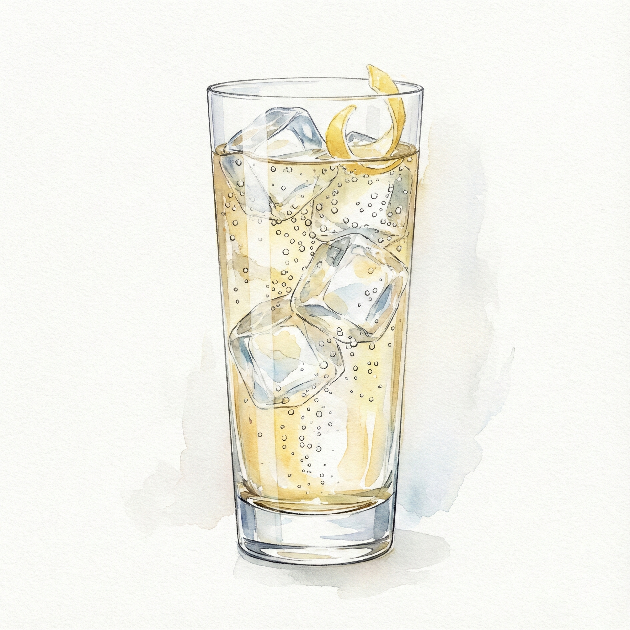 Illustration of a sparkling highball in an ultrathin usuhari glass — ice and bubbles visible through the glass wall