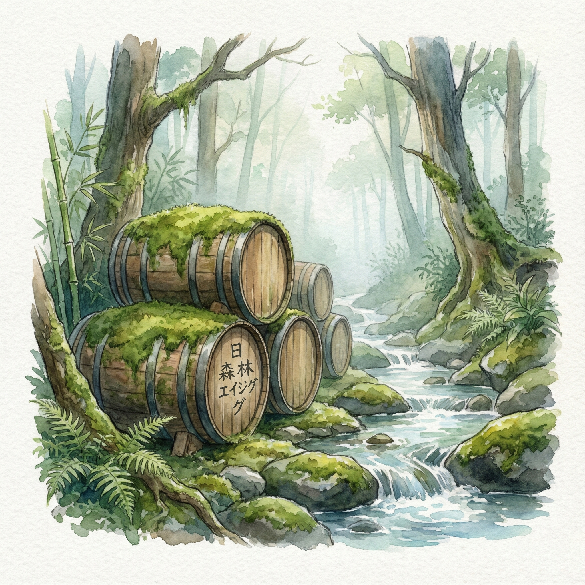 Illustration of Japanese whisky barrels maturing in a mountain distillery, surrounded by seasonal forests and clear mountain streams