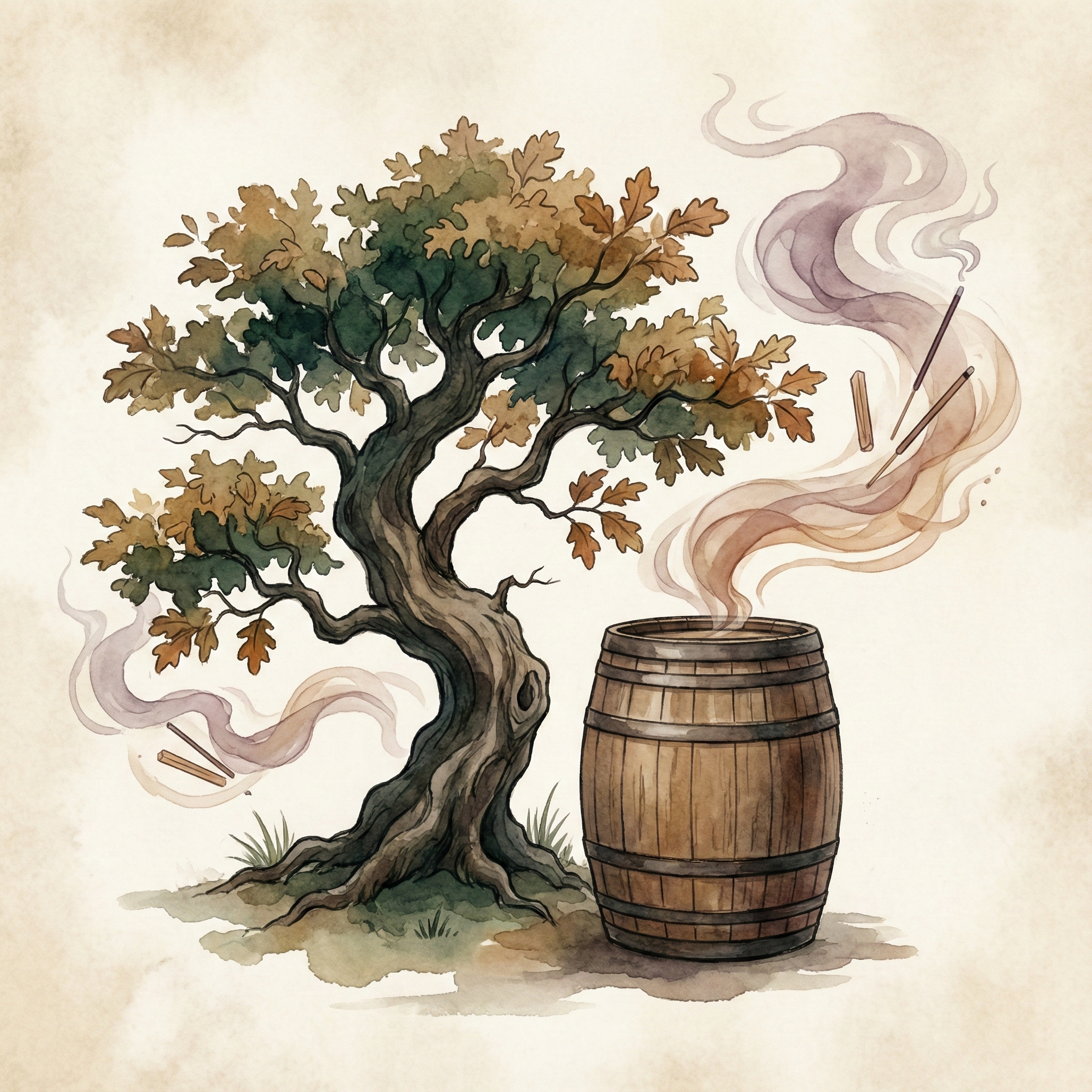 Illustration of a mizunara oak cask in a shrine-like setting, with incense-like fragrance drifting from the wood