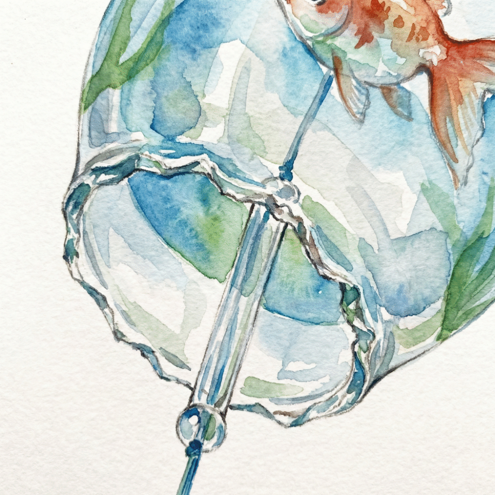 Close-up illustration of a colorful goldfish-patterned Edo Furin with a detail showing the jagged unpolished edge at the opening
