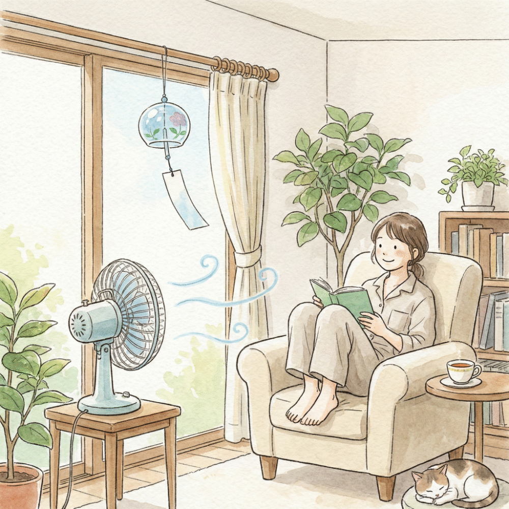 Illustration of a wind chime quietly hanging from a curtain rail near an air conditioner, enjoyed indoors