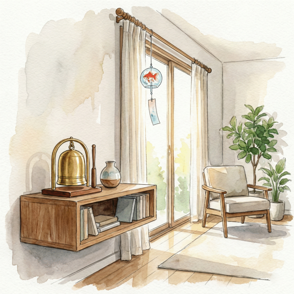 Illustration of a stylish orin on a modern living room shelf and a simple wind chime by a window
