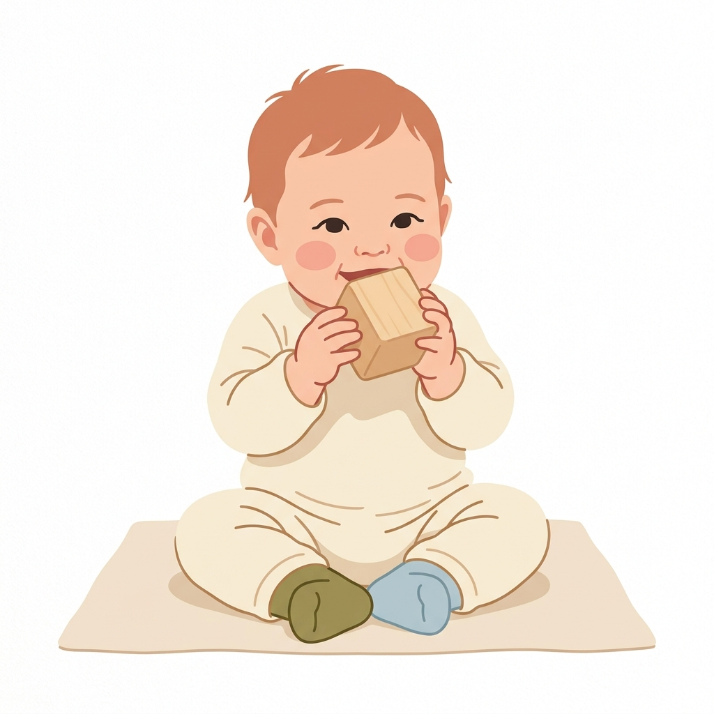 Baby safely putting a rounded untreated wooden block in their mouth