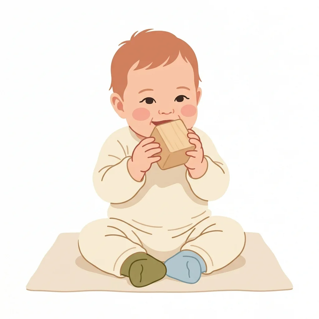 Baby safely putting a rounded untreated wooden block in their mouth