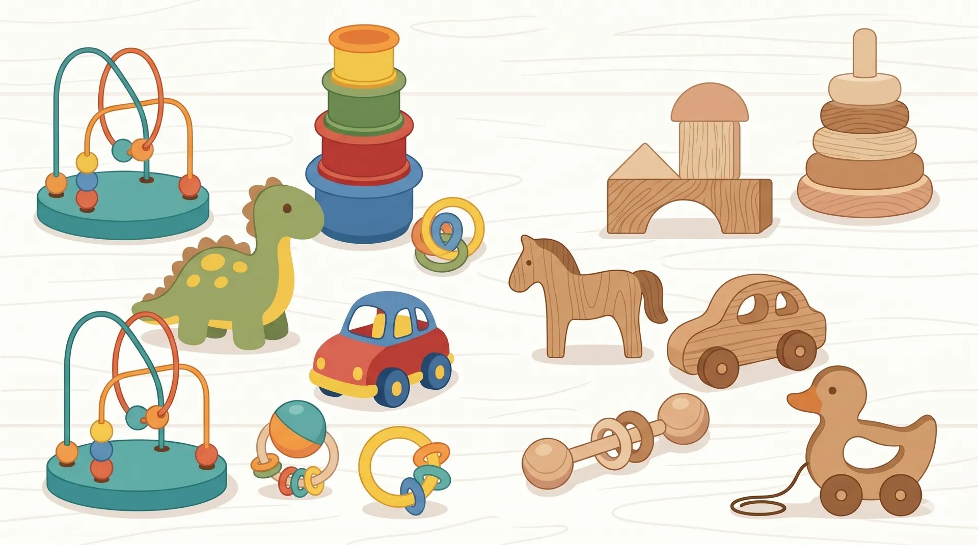 Colourful plastic toys (left) vs natural-toned warm wooden toys (right) comparison