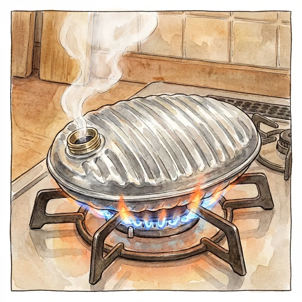 Illustration of a corrugated tin yutanpo being heated directly on a camping gas stove