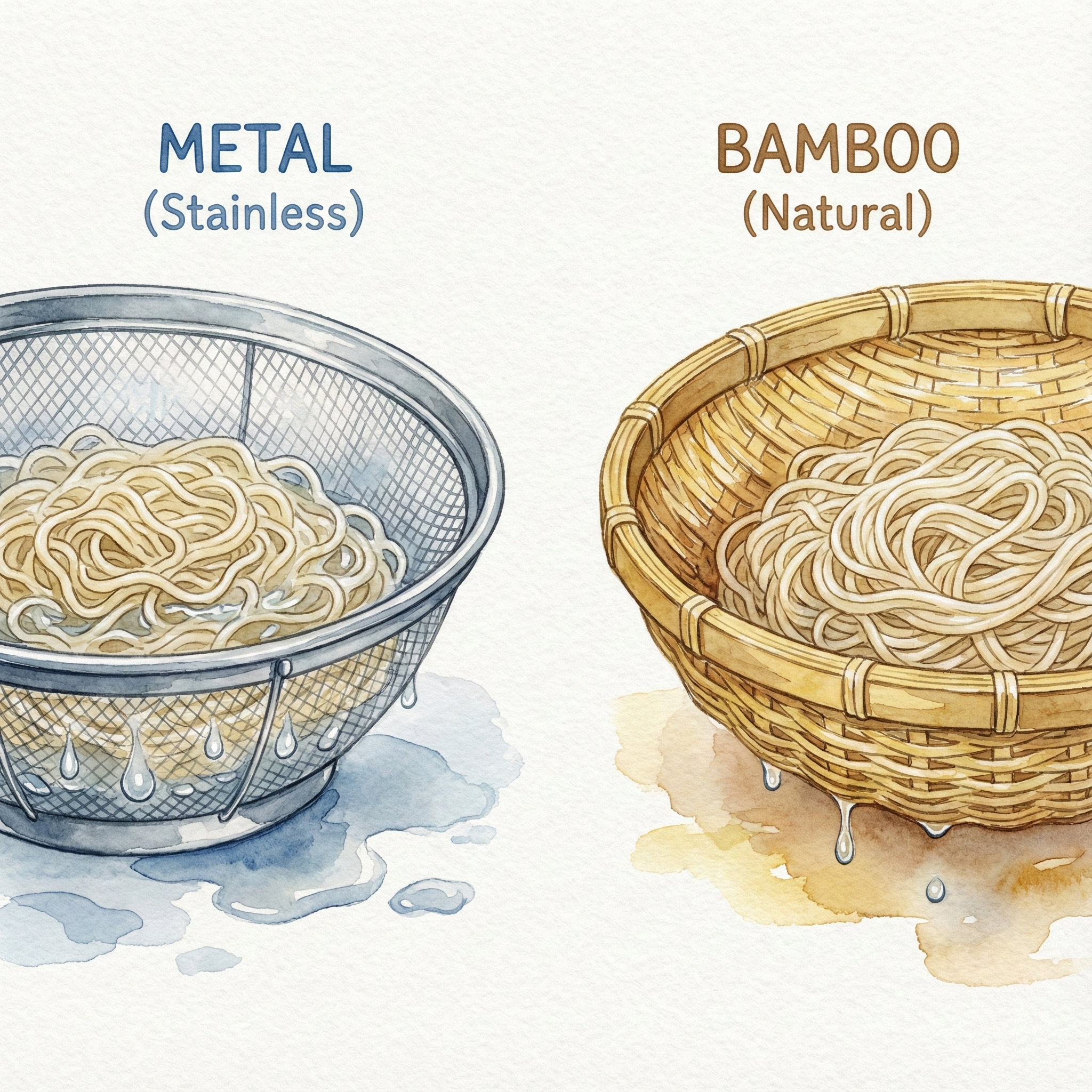 Illustration comparing water drainage in a stainless colander vs. a bamboo zaru
