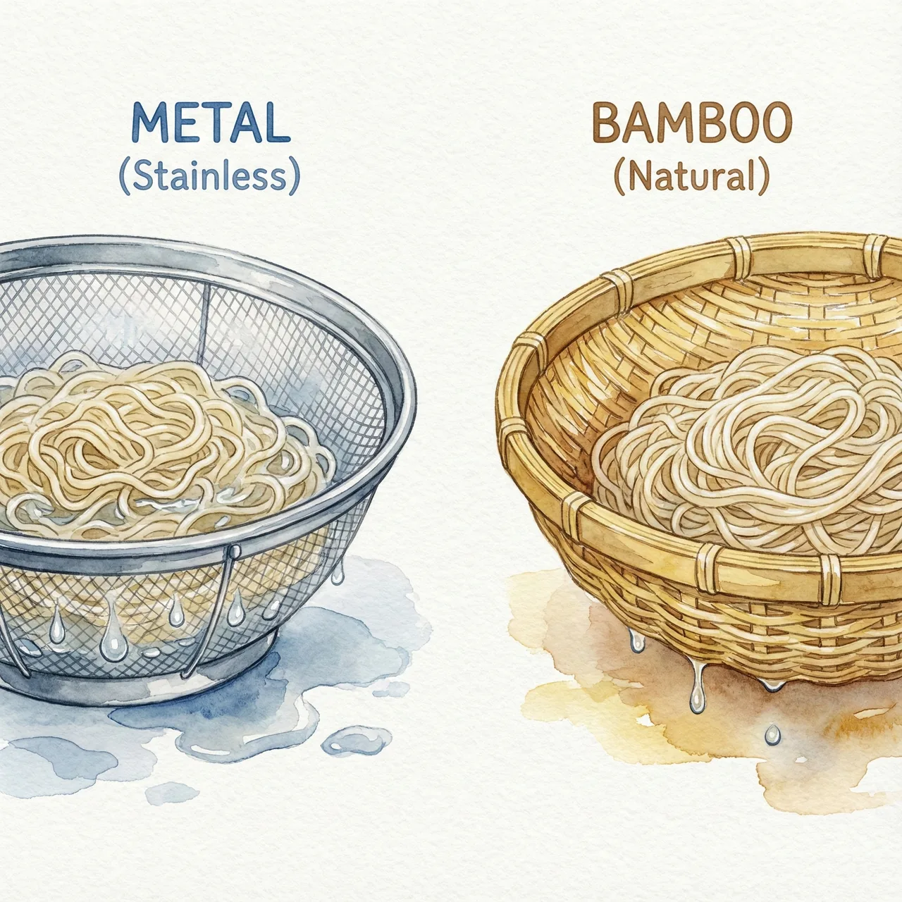 Illustration comparing water drainage in a stainless colander vs. a bamboo zaru
