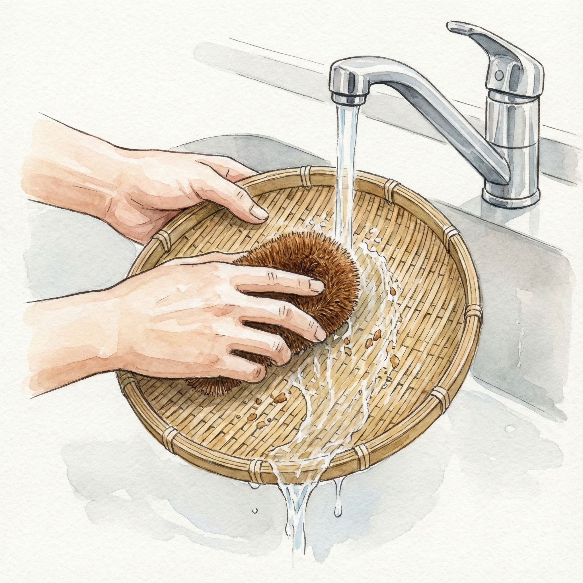 Illustration of scrubbing a bamboo zaru under running water with a tawashi brush
