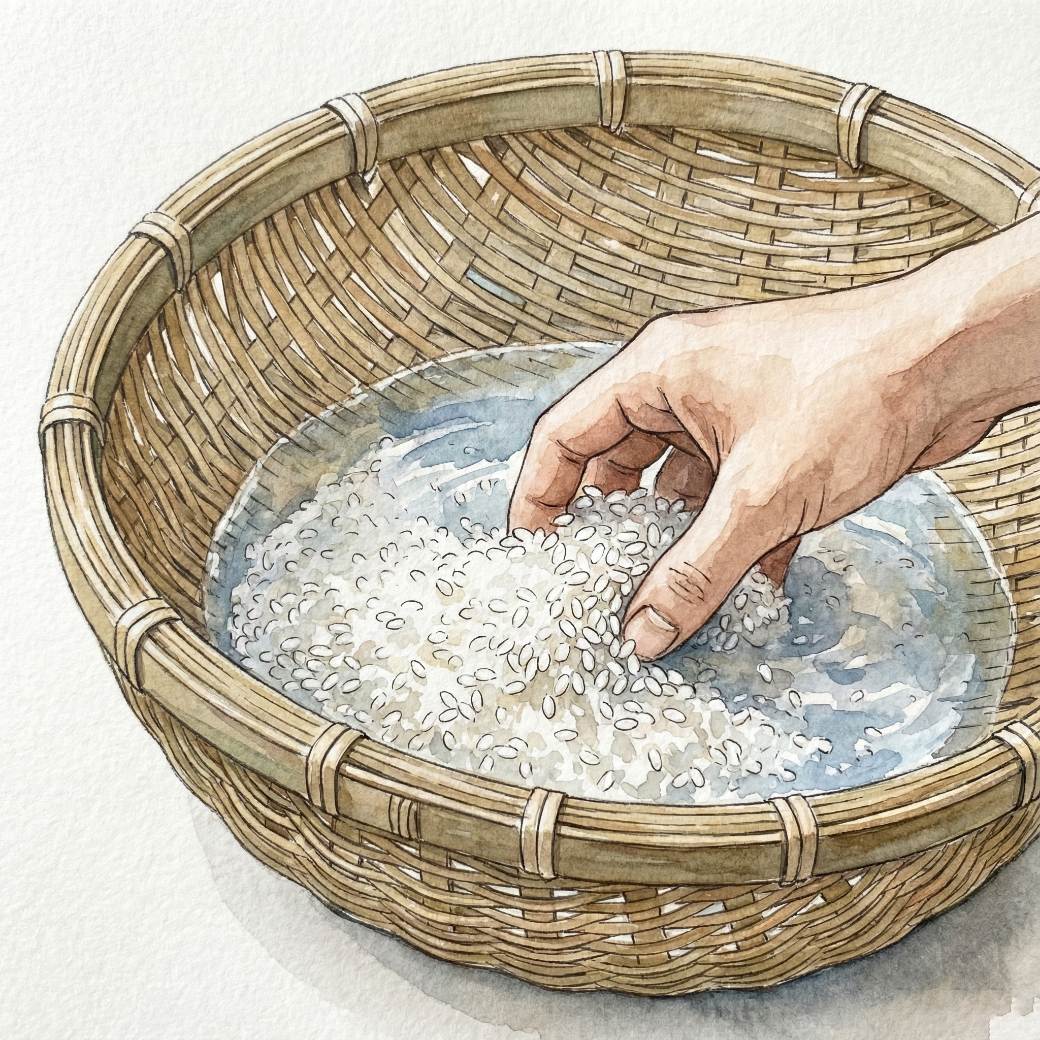 Illustration of washing rice in a deep bamboo zaru