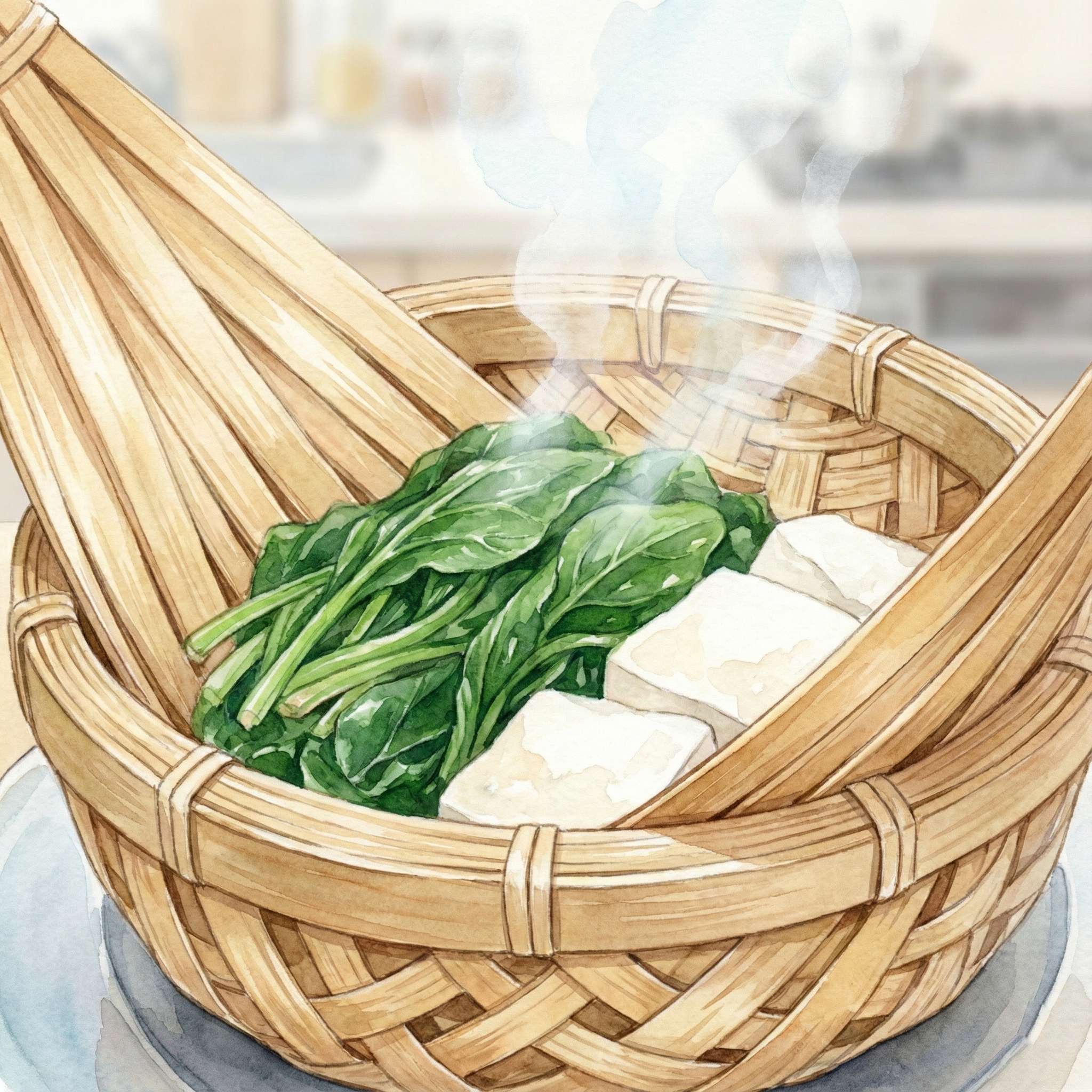 Illustration of a bamboo zaru gently holding freshly cooked vegetables