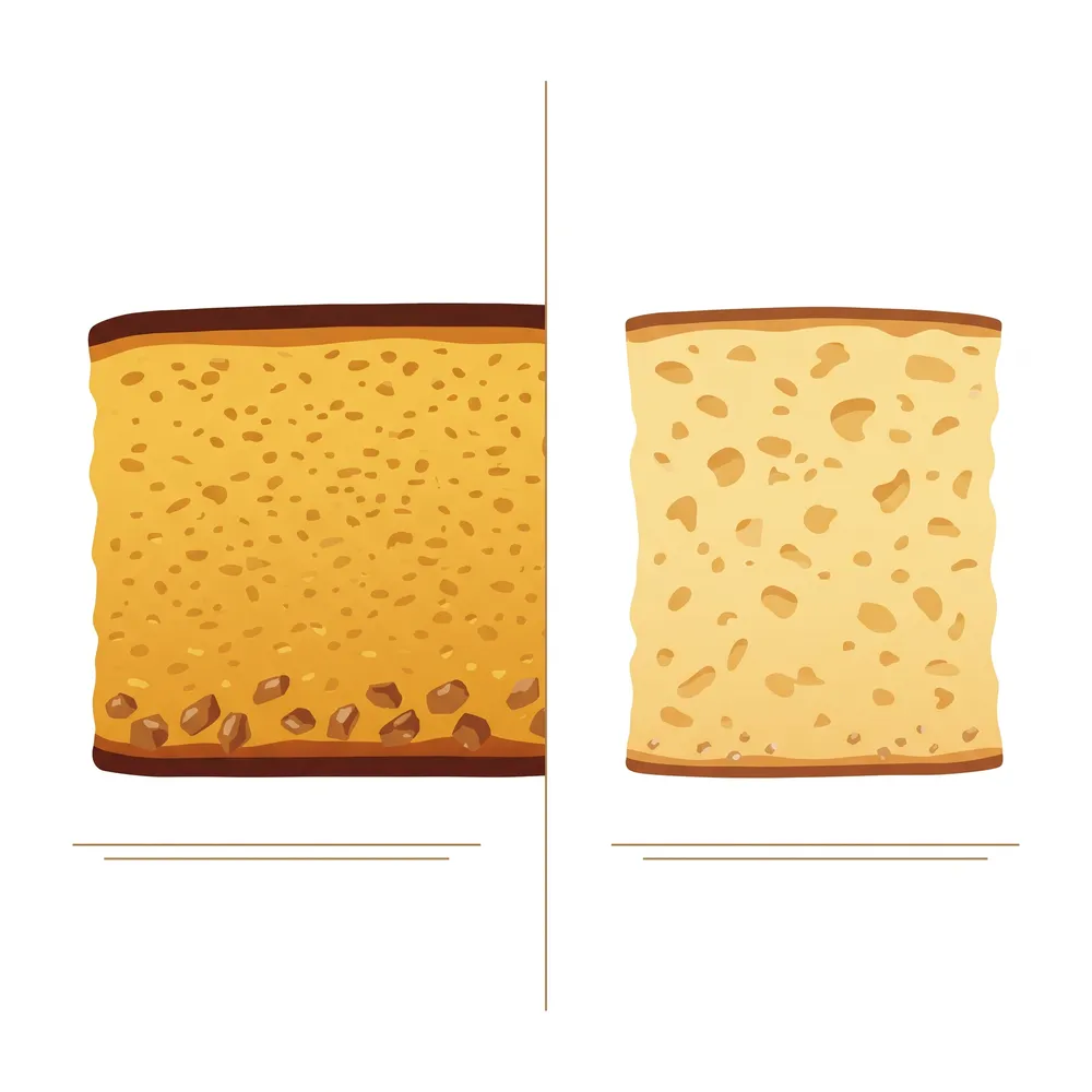 Gosanyaki castella showing its deeper yellow, denser crumb next to a standard loaf