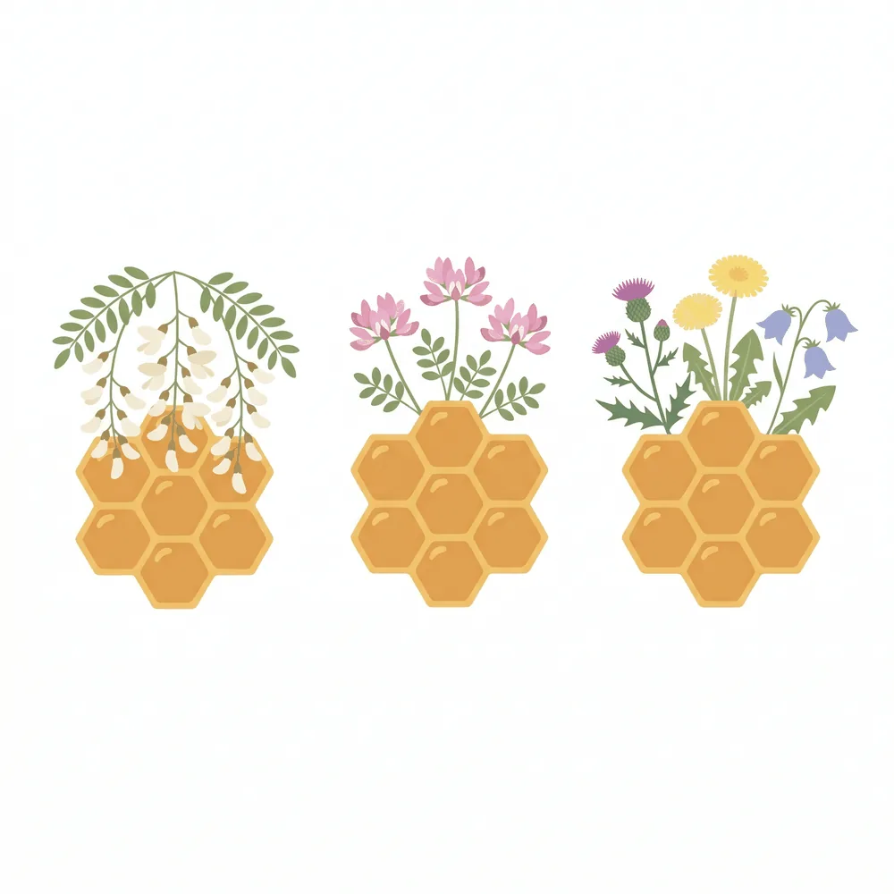 Japanese honey varieties by flower source, from pale acacia to dark chestnut