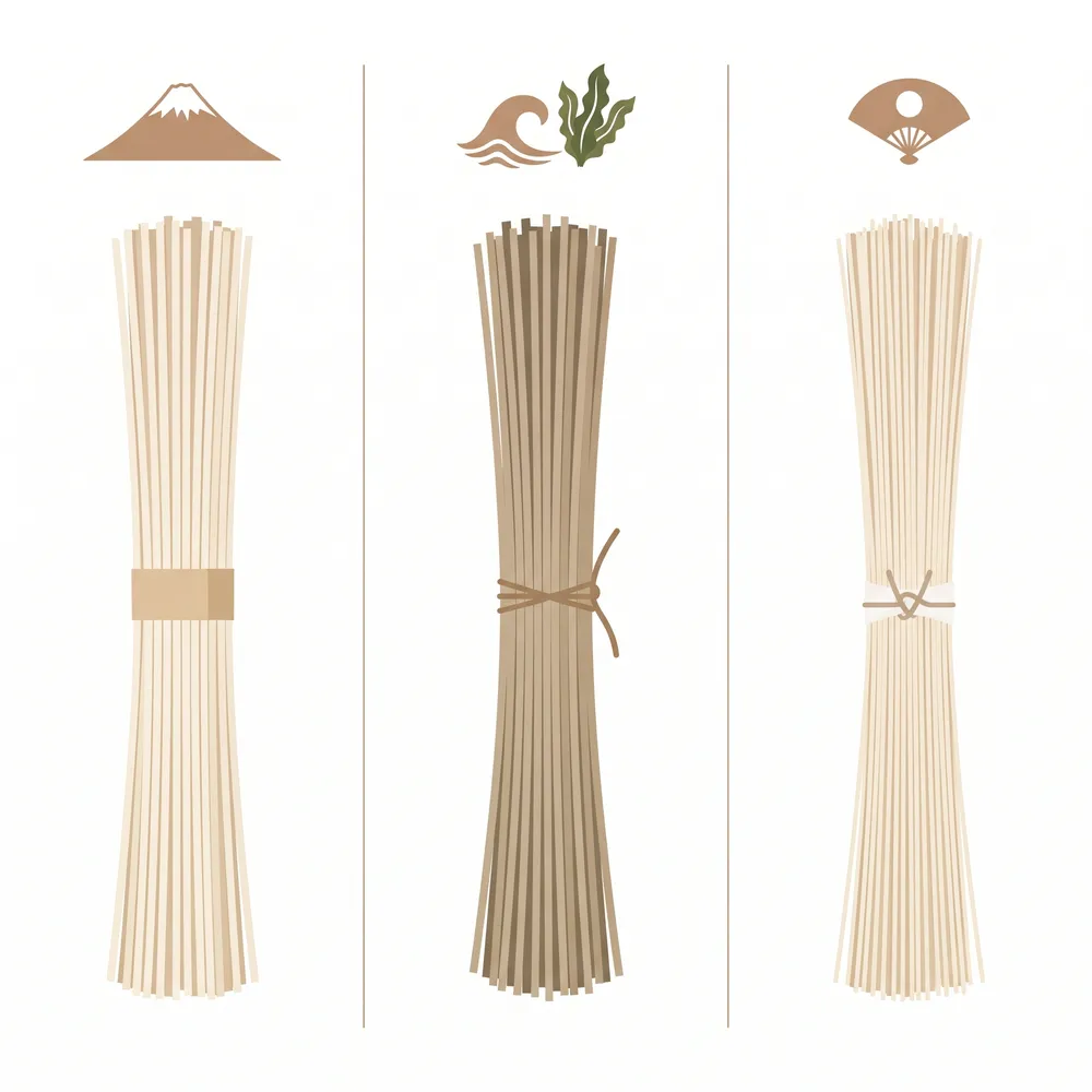 Inaniwa udon, hegi soba and Miwa somen compared side by side