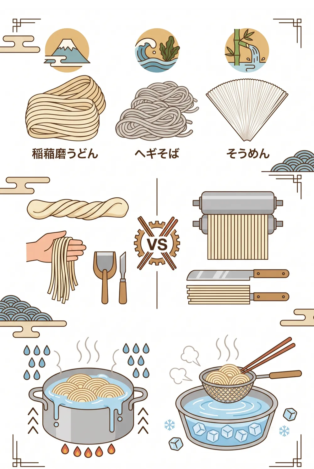 Summary infographic: hand-stretched versus machine, aging grades, and the three cooking rules