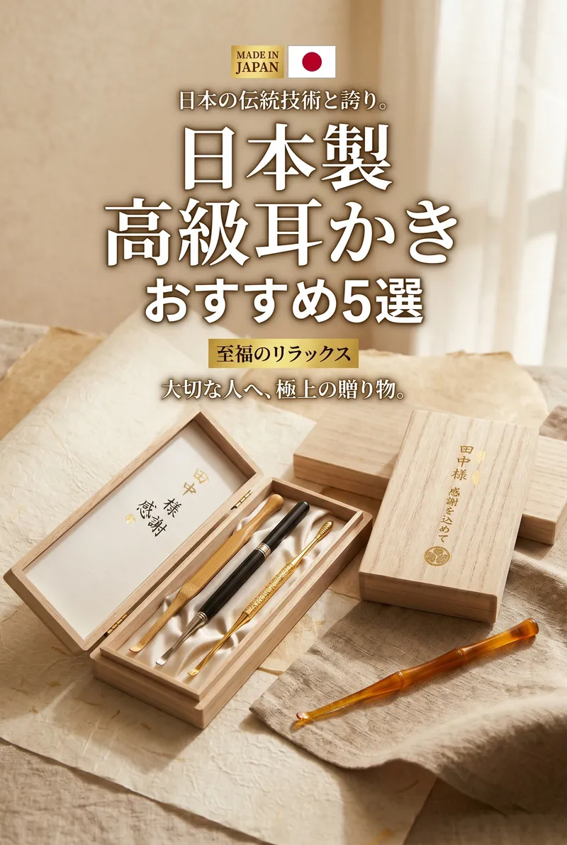 Japanese bamboo and titanium ear picks displayed together, showing the scoop and spiral tip shapes covered in this guide