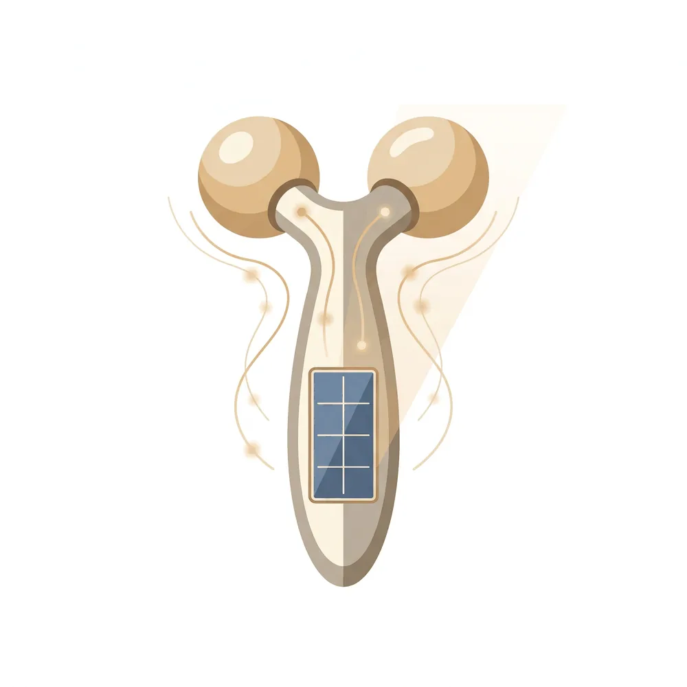 Illustration of a sleek facial roller highlighting a small built-in solar panel