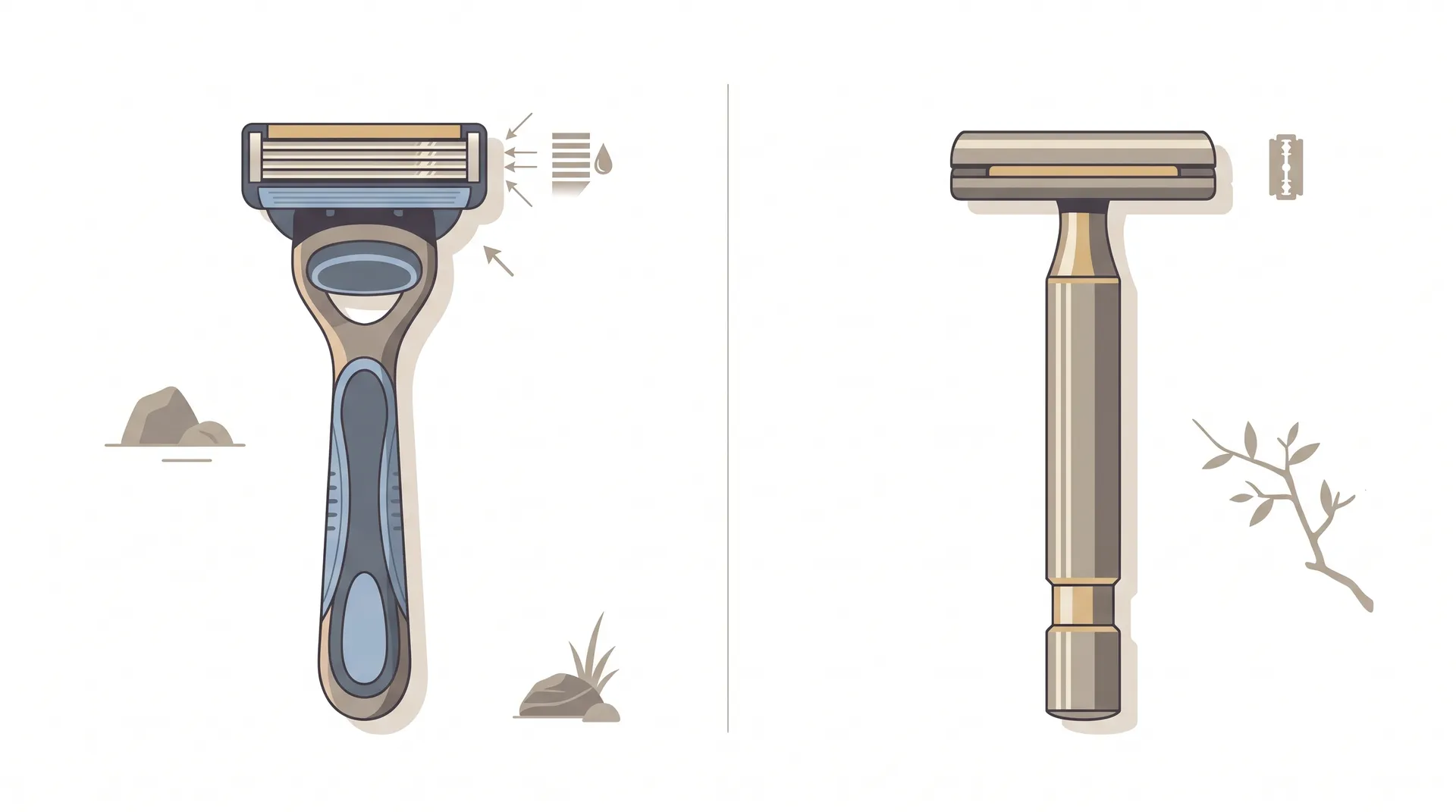 Comparison between a multi-blade cartridge razor dragging across skin and a single double-edge blade cutting cleanly, showing why fewer blades means less irritation