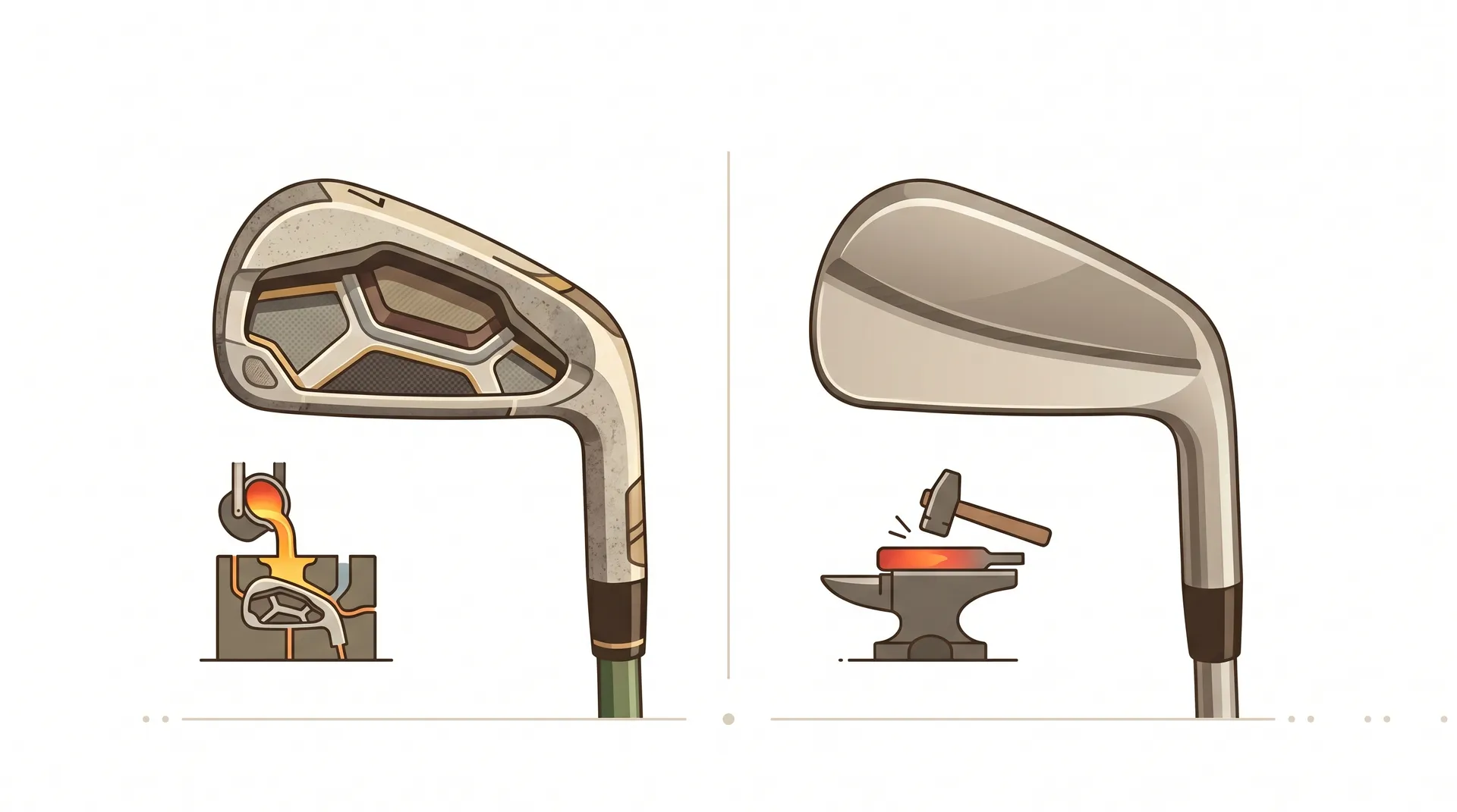 Comparison of a hand-ground Japanese forged iron head against a mass-produced cast iron head, showing differences in sole shape and finish