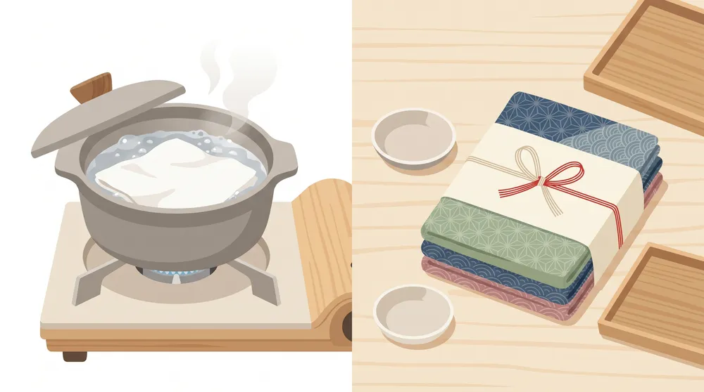 Fukin being boiled in a pan to restore whiteness, and folded as a small gift
