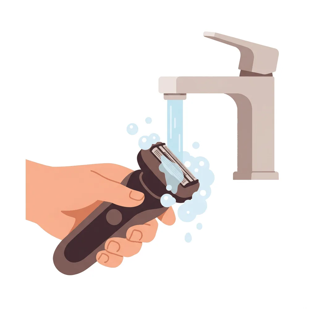Rinsing a washable Japanese electric shaver and applying a drop of blade oil to the foil