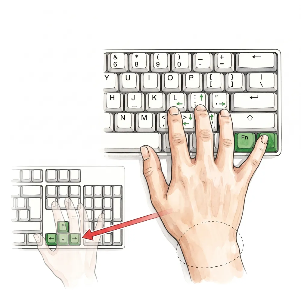 A right hand holding Fn with the little finger while the other fingers reach the semicolon cluster as arrow keys, without leaving the home row