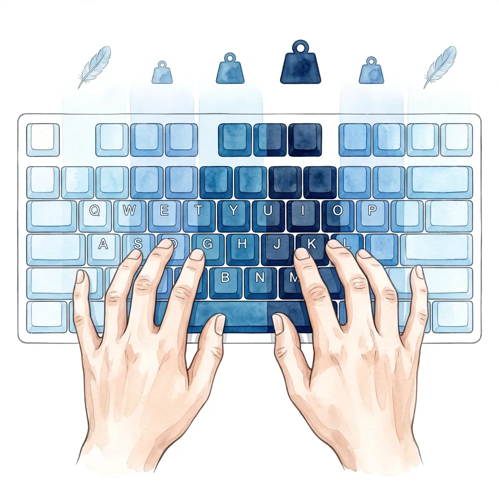 A keyboard colour-coded by finger column, with the little finger columns lightest and the index columns heaviest, illustrating variable key weighting
