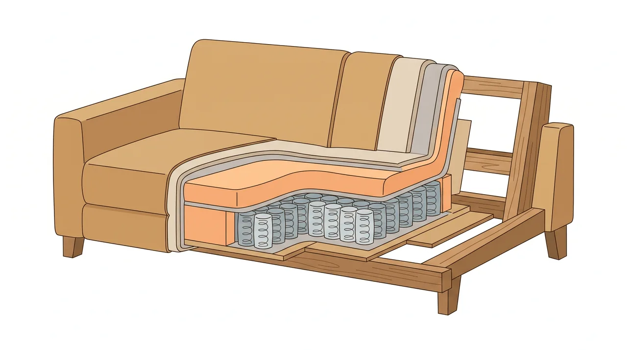 A low, shallow Japanese sofa in a compact living room