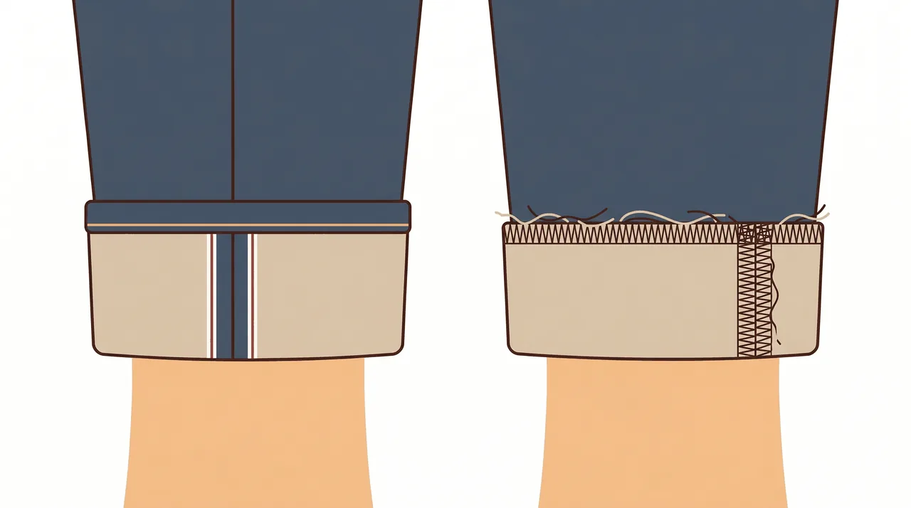 Side-by-side comparison of a selvedge outseam with its clean self-finished red line and a mass-produced outseam finished with overlock stitching, showing why selvedge denim is cuffed to display the edge