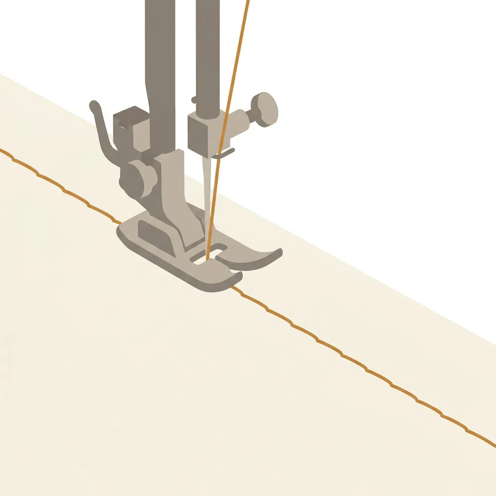Close-up of a sewing machine needle smoothly piercing through multiple thick layers of denim