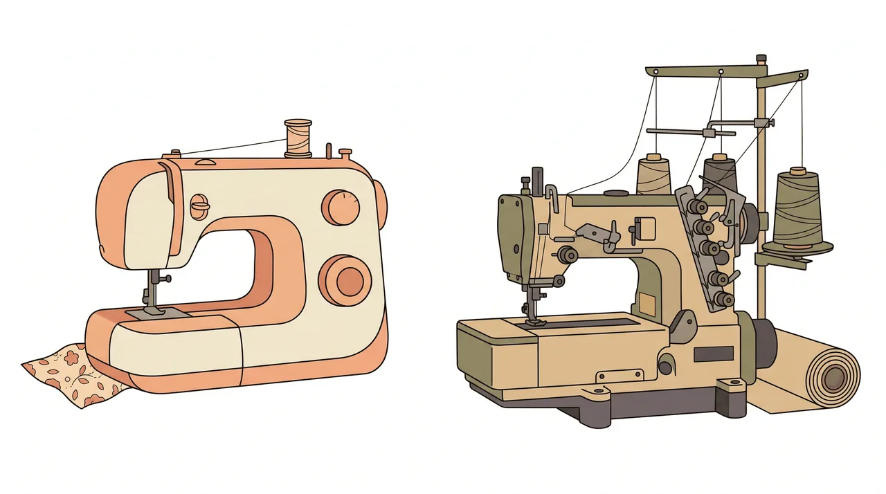 Illustration comparing a compact home sewing machine with an industrial-style machine