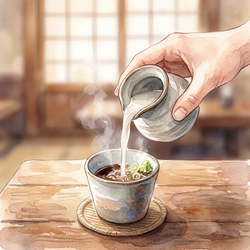 Sobayu, the soba cooking water, being poured into the remaining dipping sauce