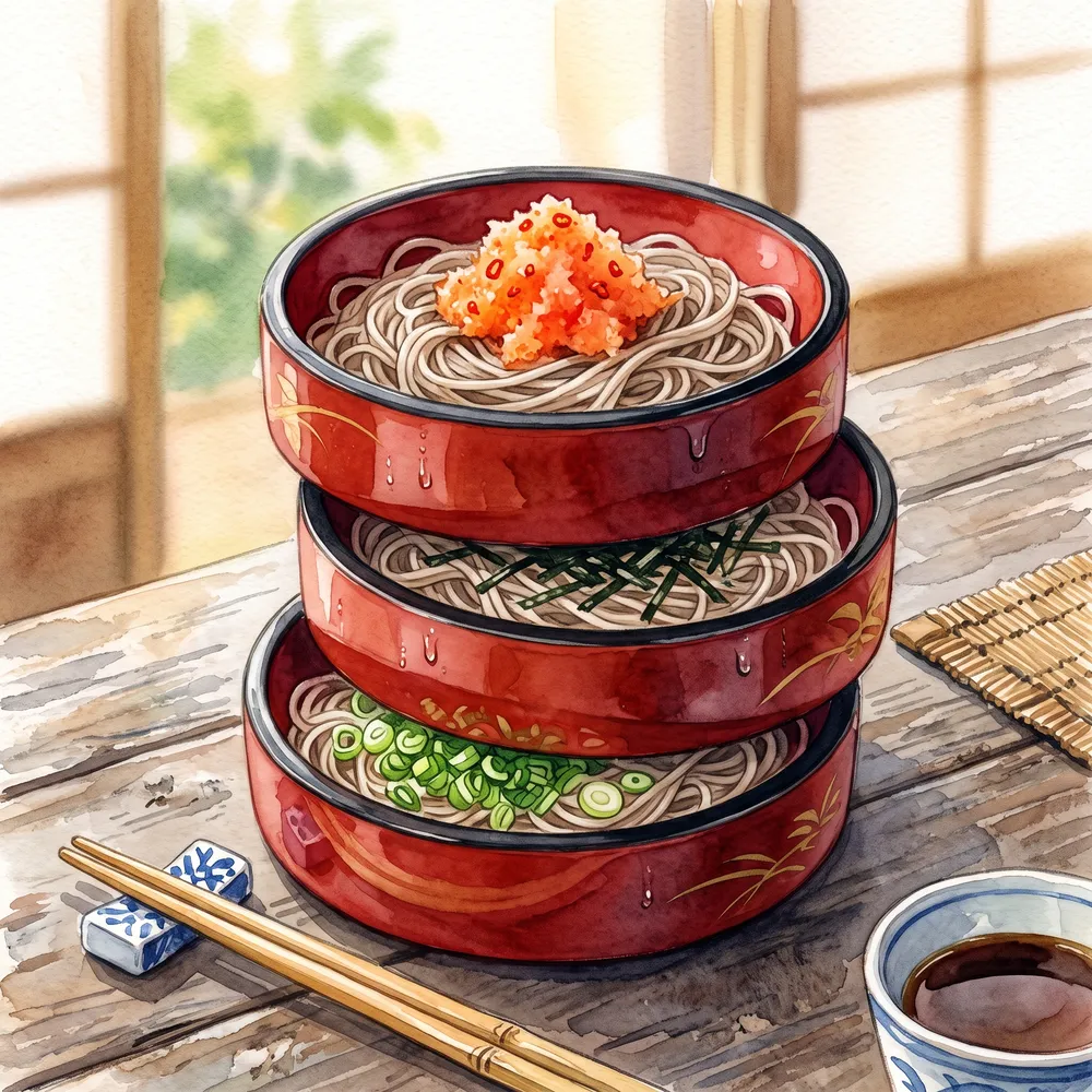 Izumo warigo soba served in three stacked round lacquer bowls
