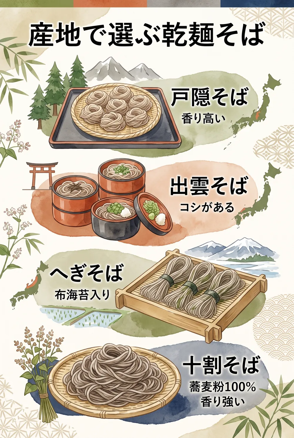 Summary infographic: juwari versus nihachi, sarashina versus inaka, and sobayu