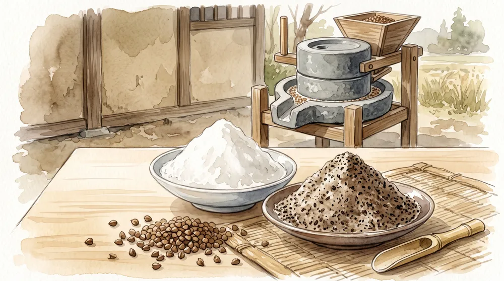 Buckwheat flour being worked into soba dough
