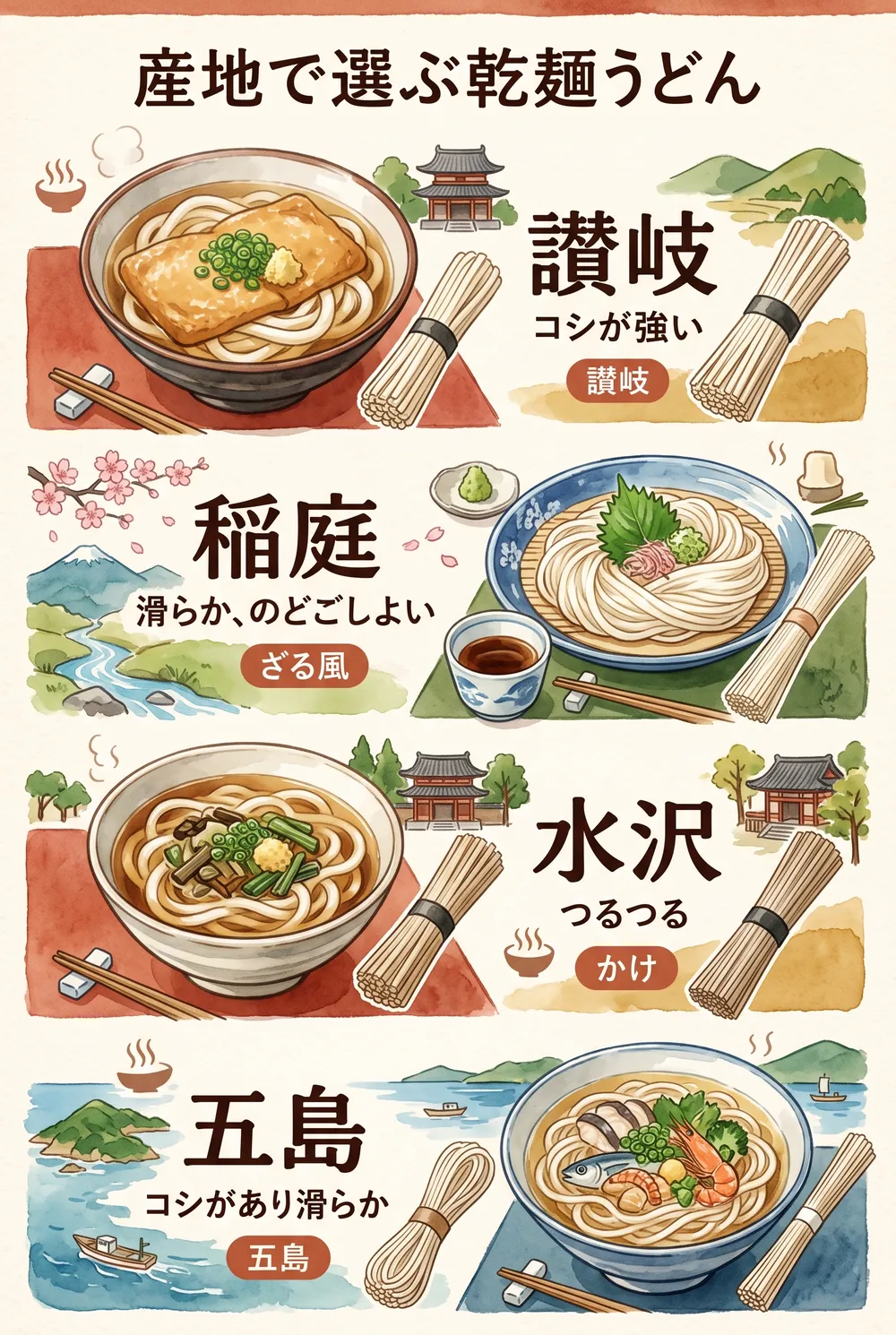 Summary infographic: cut versus stretched udon, the regions, and jigoku-daki