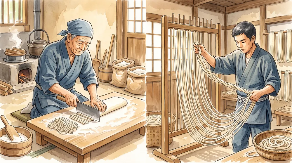 Rolled-and-cut udon compared with hand-stretched udon
