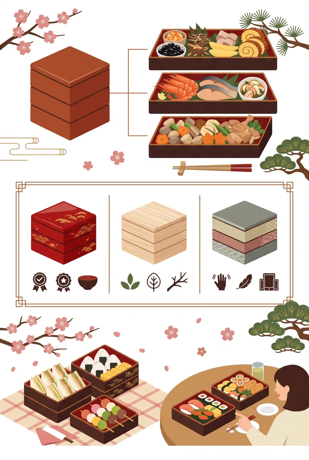 Summary infographic: tier contents, sun sizing, materials and care