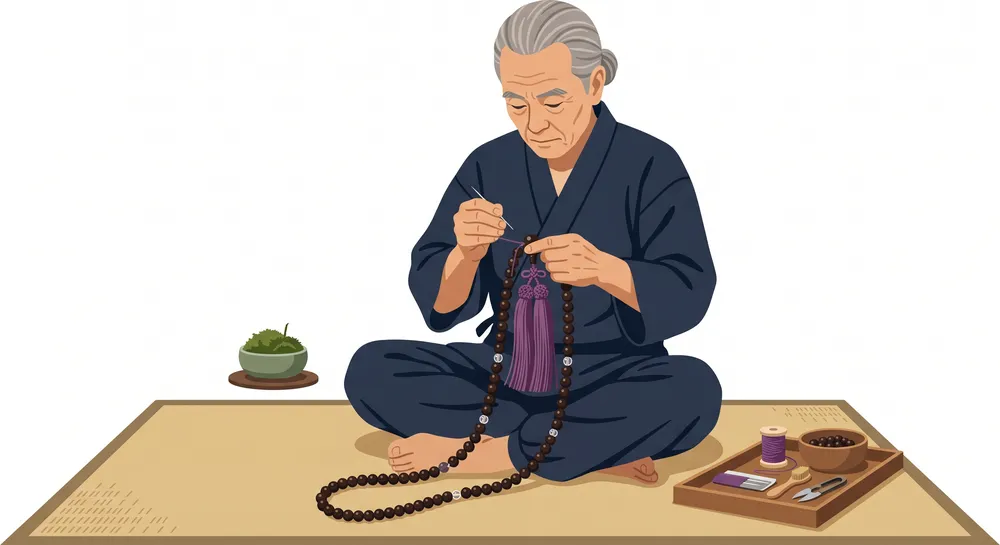 A Kyoto craftsman assembling a juzu and finishing the silk tassel