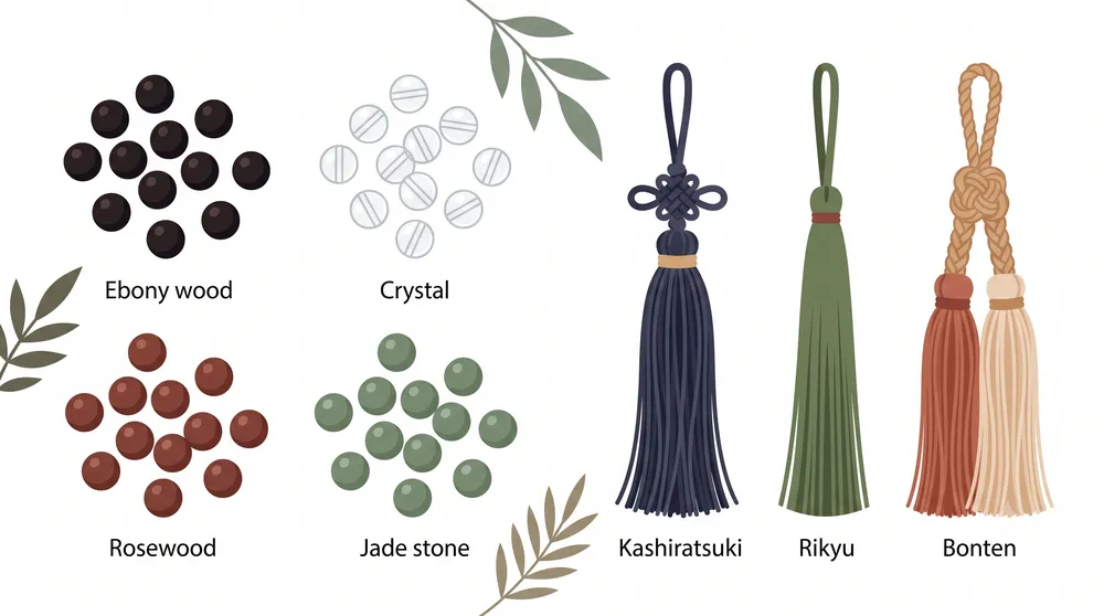 Ebony, rosewood and crystal beads shown with different tassel styles