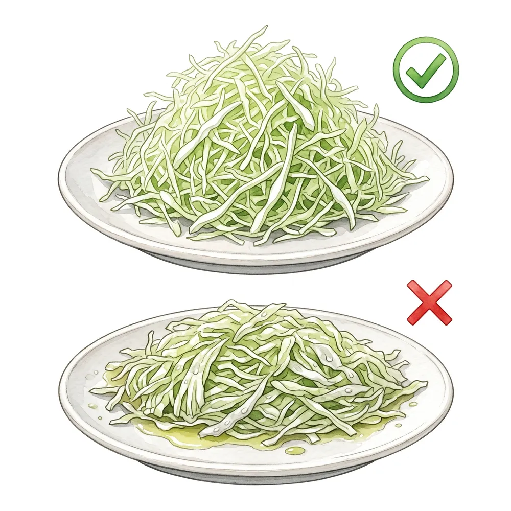 Two plates of shredded cabbage compared: crisp separated shreds from a sharp blade, and a collapsed wet mat with pooled water from a dull one