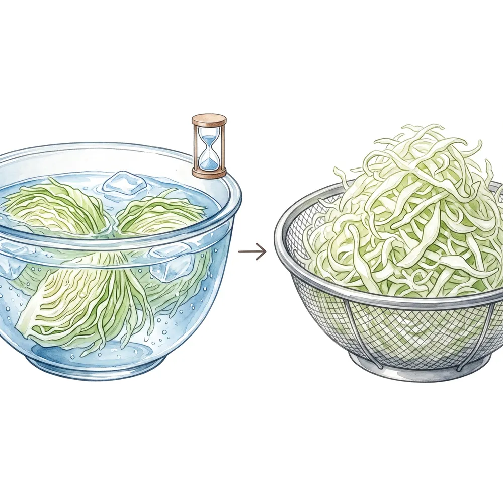 Shredded cabbage going into a bowl of ice water, then draining out curled, separated and standing up