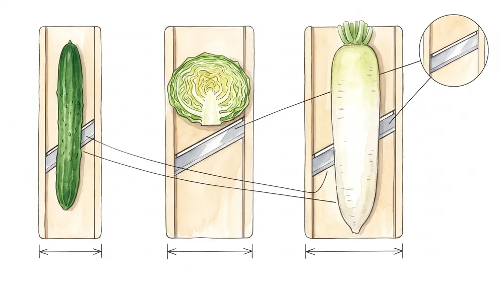 Three Benriner bed widths compared from above, holding a cucumber, a half cabbage and a whole daikon, with the identical blade shown enlarged