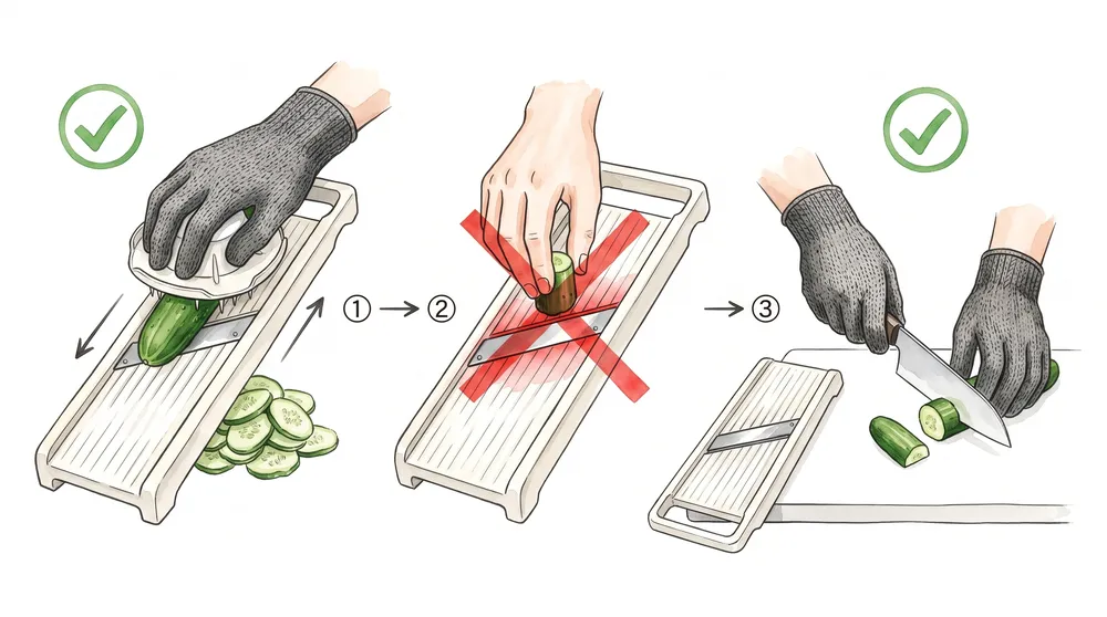 Three stages of mandoline safety: using the hand guard with a cut-resistant glove, the dangerous last piece, and finishing it with a knife instead