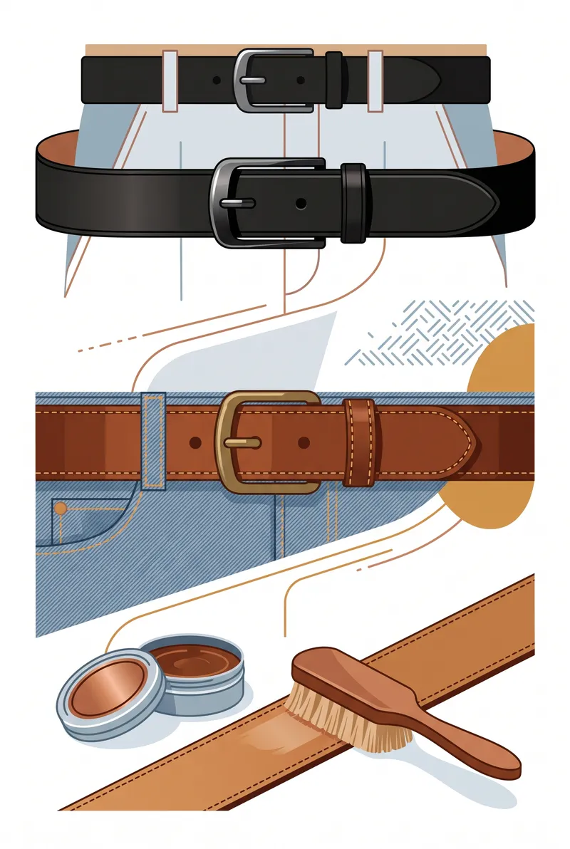 Summary infographic of Japanese leather belts: Tochigi tannery, vegetable tanning, patina, sizing in centimetres and care