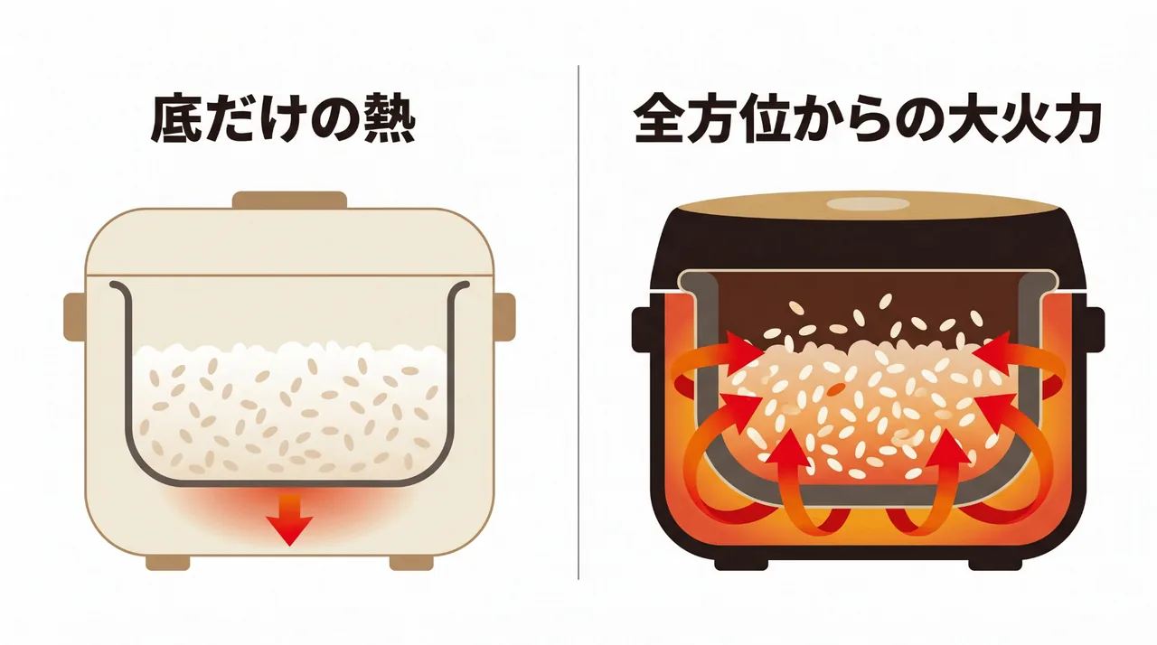 Comparison of a basic heating-plate rice cooker against an induction heating model, showing how heat reaches the rice differently